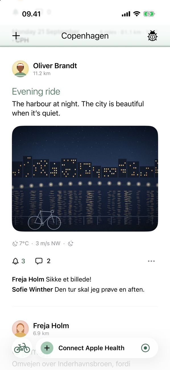 Copenhagen Cycling Buddies feed: Oliver's evening ride along the harbour with a drawn night view, weather, three bells and two comments