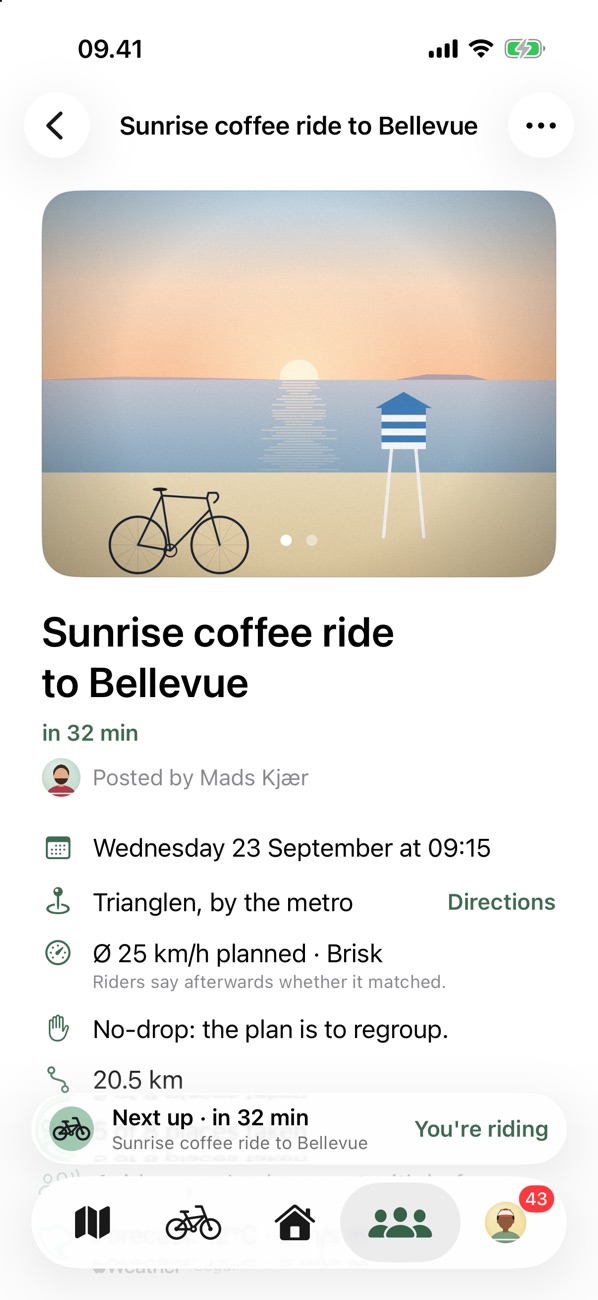 Group ride page for a sunrise coffee ride to Bellevue, posted by Mads, with meeting point, 25 km/h planned pace and a no-drop plan to regroup