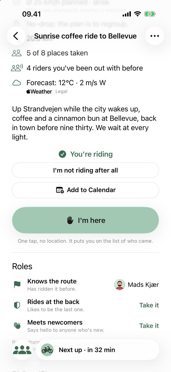 Further down the group ride page: 5 of 8 places taken, 4 riders you've been out with before, the forecast, and a large I'm here button