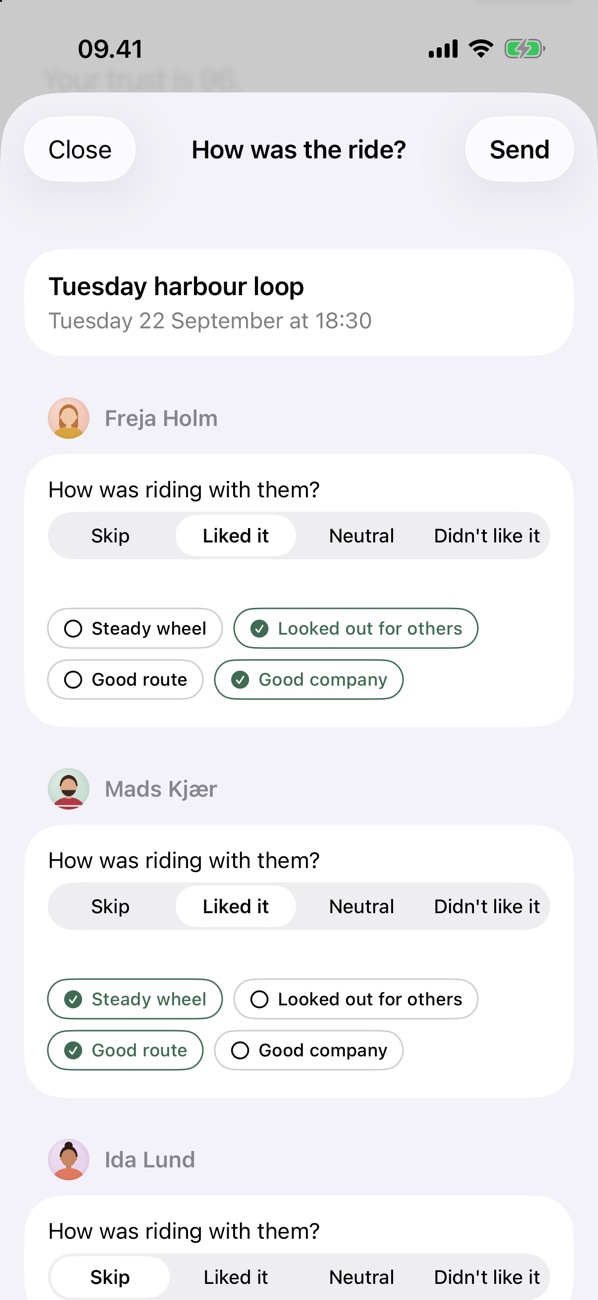 The card after a ride: for each rider, Skip, Liked it, Neutral or Didn't like it, plus fixed words like Steady wheel and Good company