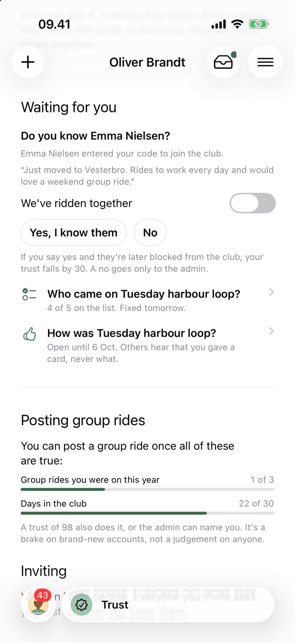 Trust tab waiting for you: Do you know Emma Nielsen? with Yes, I know them and No, plus progress toward posting group rides