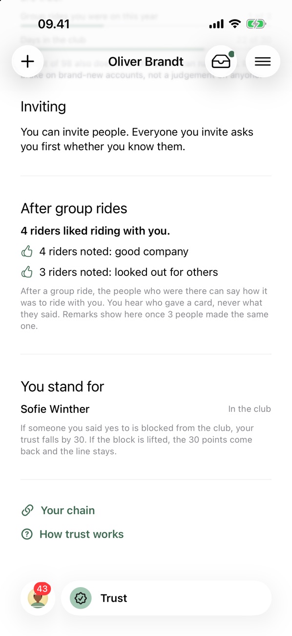 Trust tab: 4 riders liked riding with you, remarks like good company, and the member you stand for