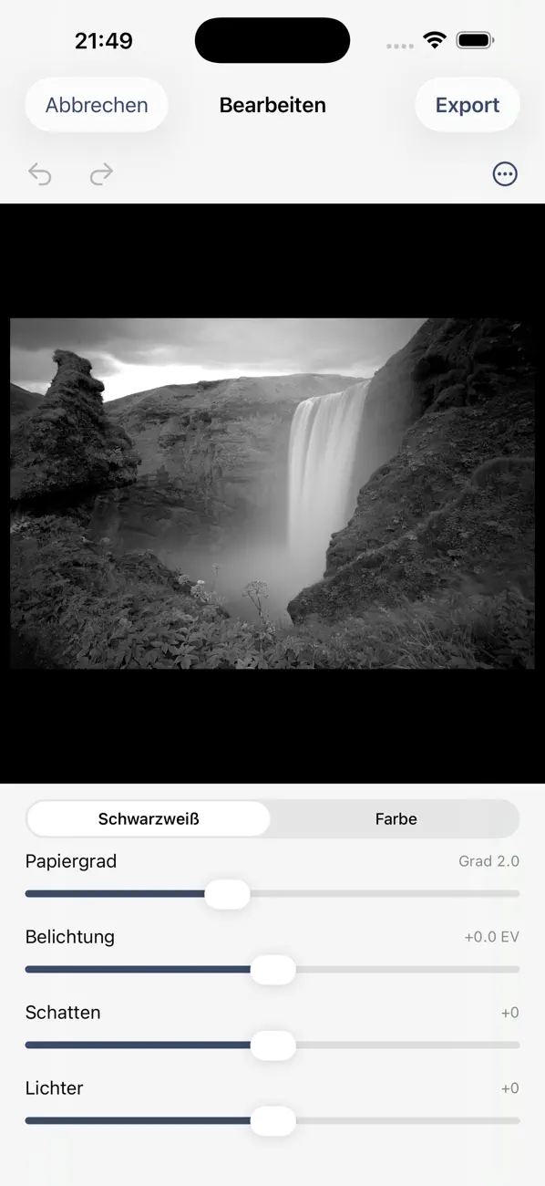 EditMe editing a black-and-white photo of a waterfall, with darkroom sliders for paper grade, exposure, shadows, and highlights