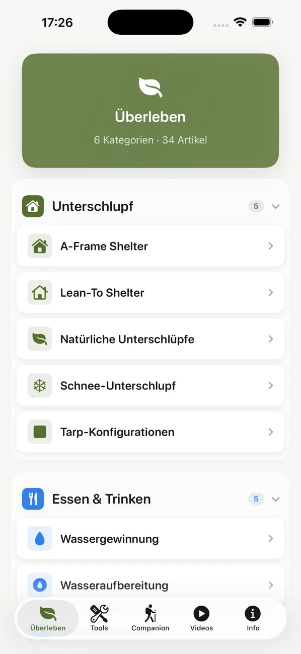 The survival section of Ferdinands Outdoor Companion listing shelter articles such as A-frame, lean-to, snow shelter, and tarp configurations