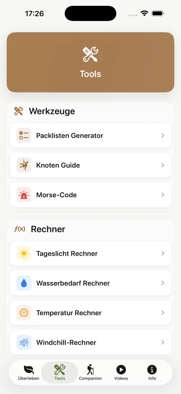 The tools section of Ferdinands Outdoor Companion with a packing list generator, knot guide, Morse code, and calculators for daylight, water needs, and wind chill