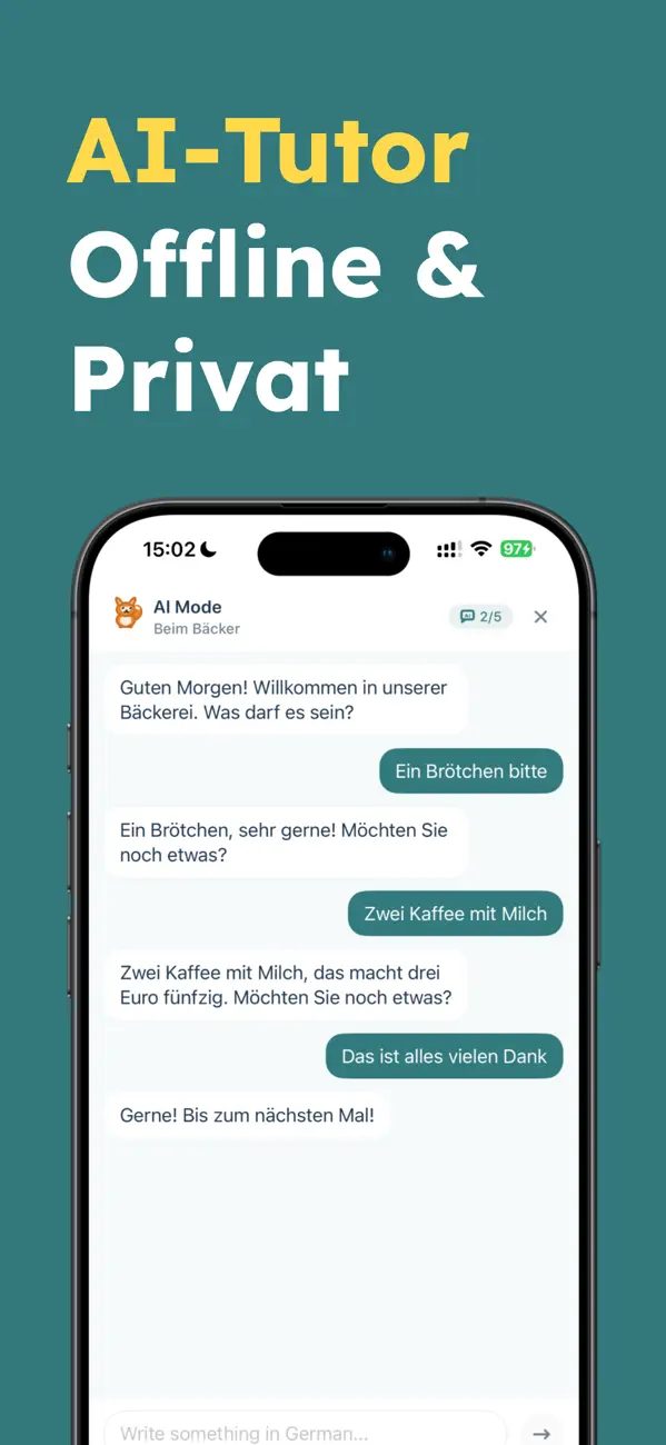 An offline AI conversation in KLUG, ordering bread rolls and coffee at a German bakery in simple German sentences
