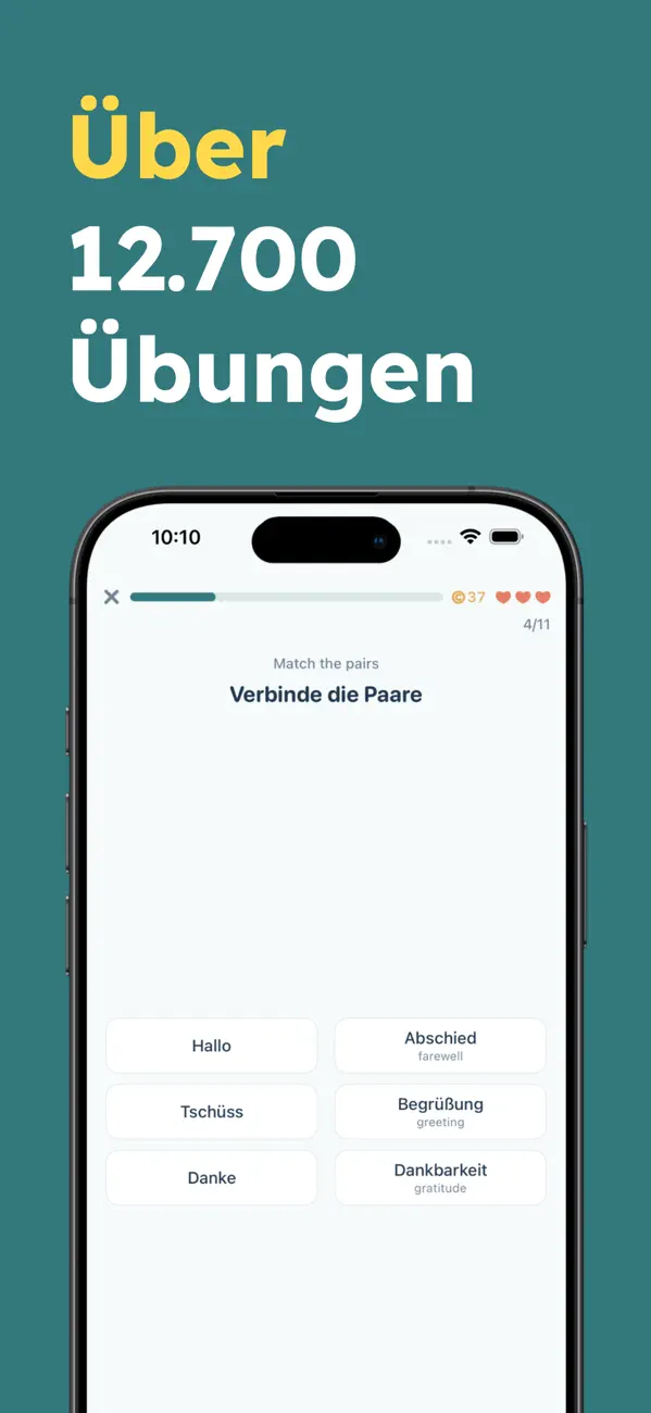 A match-the-pairs exercise in KLUG pairing German words like Hallo and Tschüss with their meanings, taught in German
