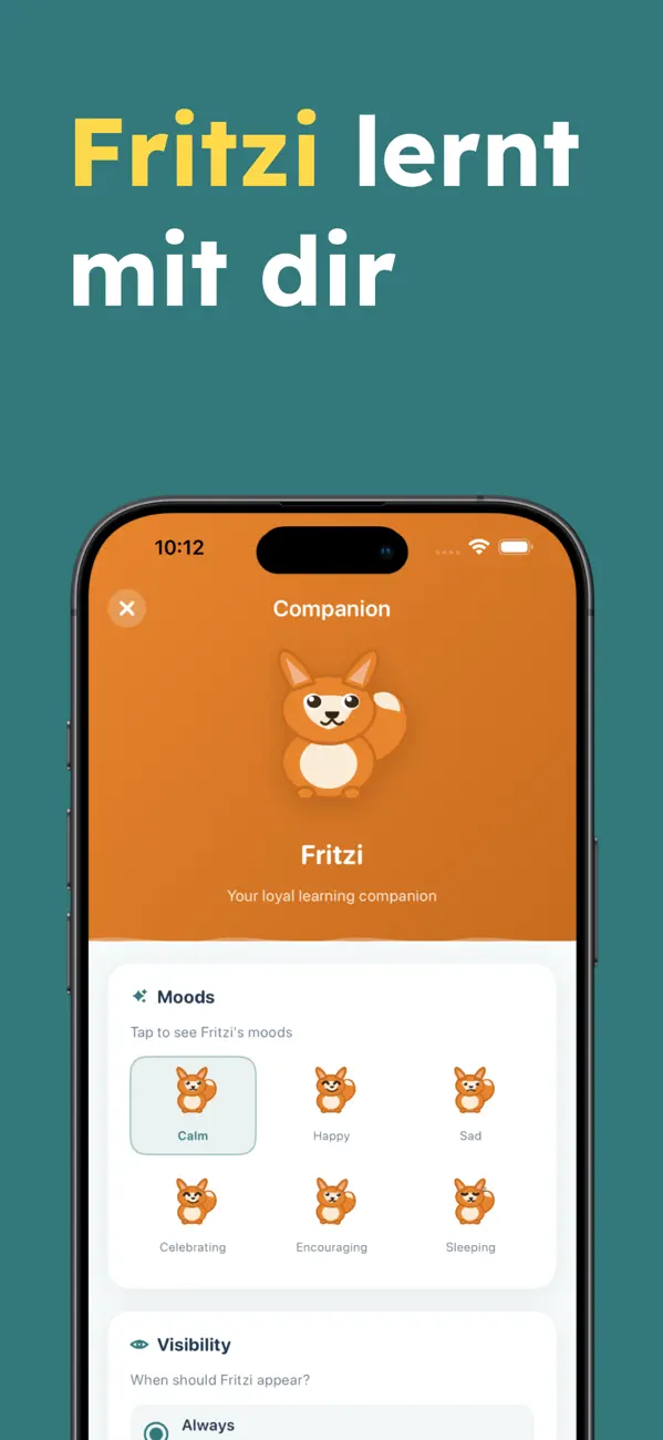 Fritzi the fox companion screen in KLUG showing moods like calm, happy, sad, and celebrating