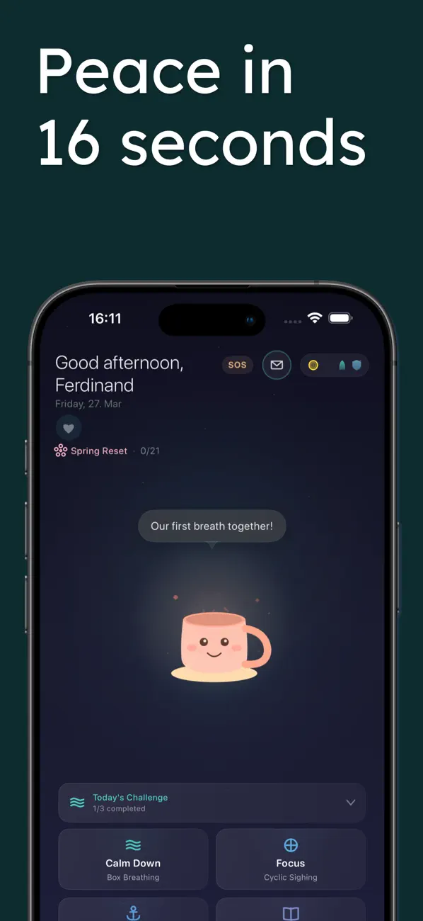 Sunholm home screen greeting the user by name, with a smiling tea-cup companion and quick actions for calming down and focusing