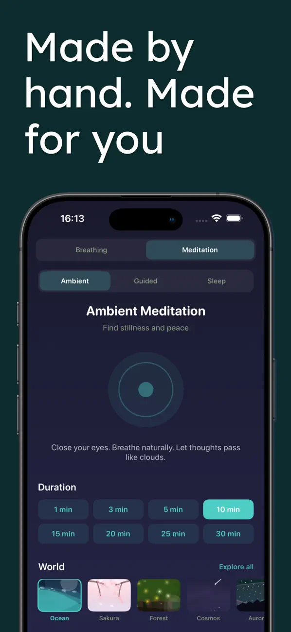 Ambient meditation in Sunholm with durations from 1 to 30 minutes and hand-drawn worlds named Ocean, Sakura, Forest, and Cosmos